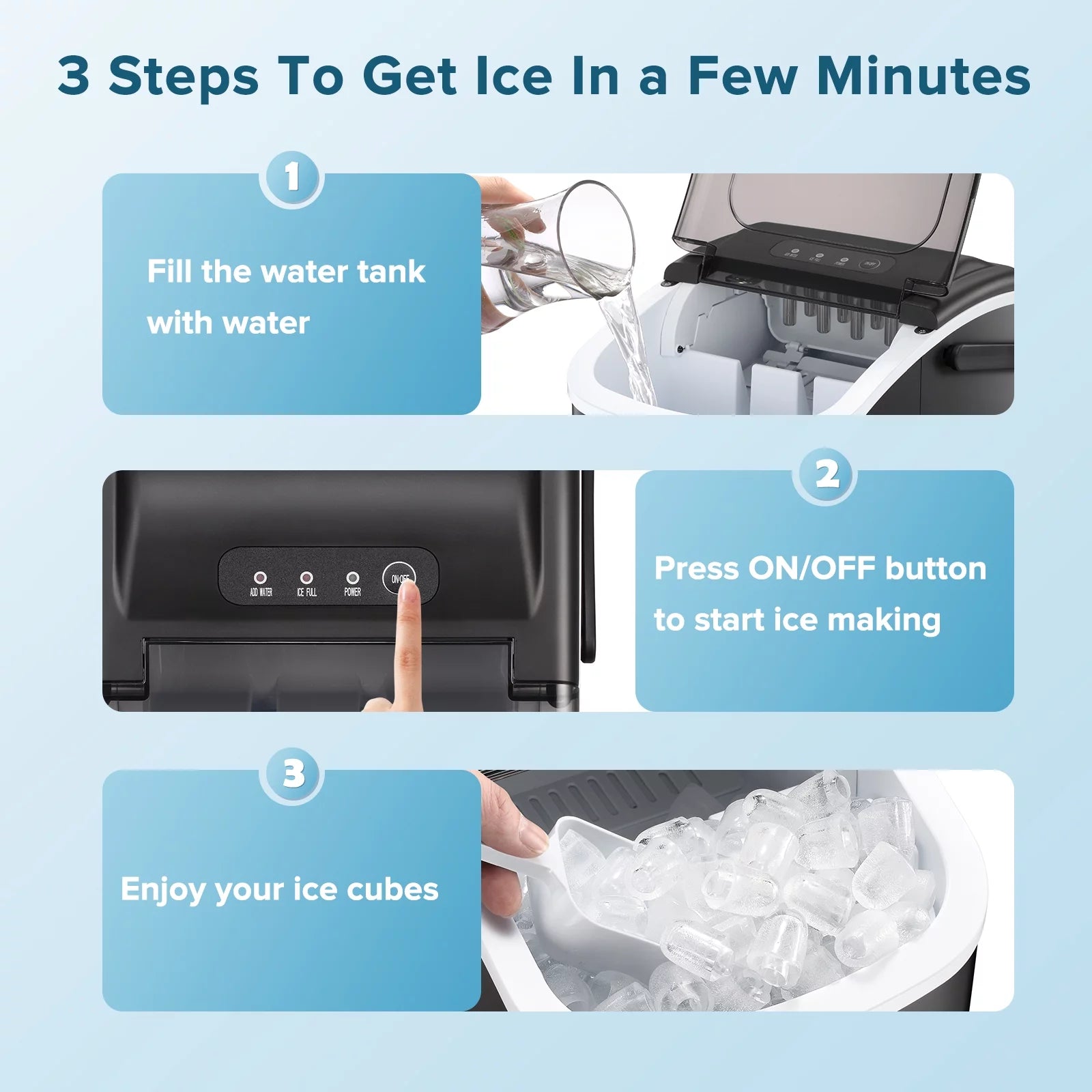 Portable Countertop Ice Maker: 26Lbs/24H, 9 Cubes in 6 Mins, One-Click Operation - Black