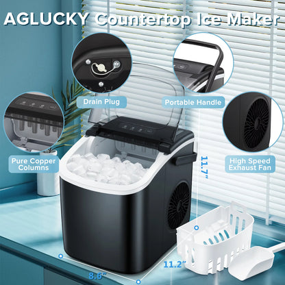 Portable Countertop Ice Maker: 26Lbs/24H, 9 Cubes in 6 Mins, One-Click Operation - Black