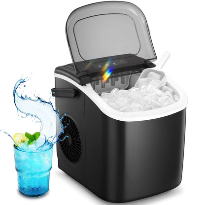 Portable Countertop Ice Maker: 26Lbs/24H, 9 Cubes in 6 Mins, One-Click Operation - Black