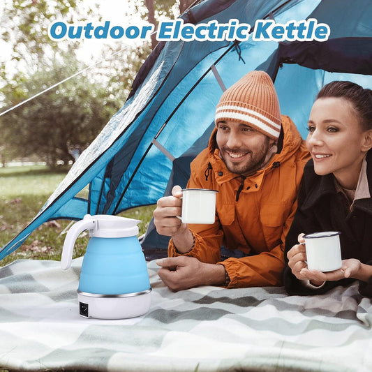 Blue Collapsible Electric Travel Kettle: Foldable Camping Companion