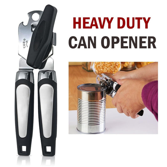 Manual Can Opener - Smooth Edge, Heavy Duty Stainless Steel Blades with Built-In Beer Opener